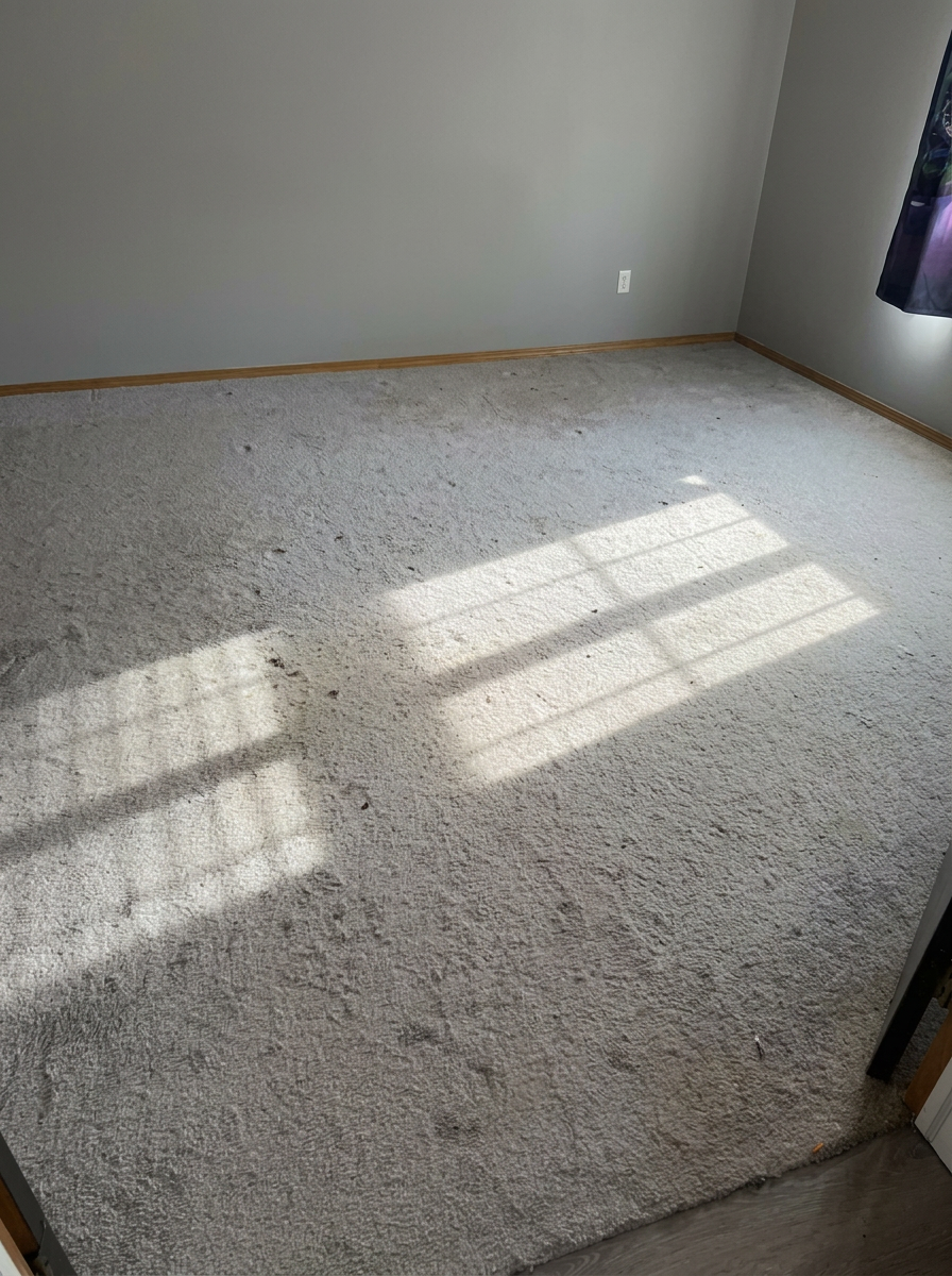 Bedroom before remodel with worn carpet Wichita KS